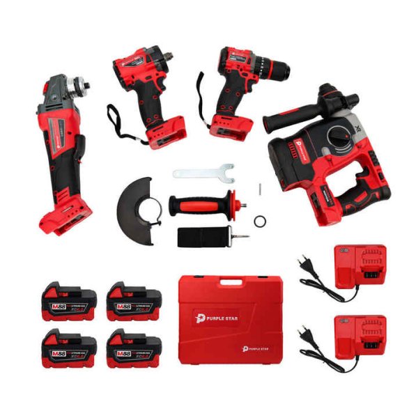 Red Cordless Tool Set 10 In1 Brushless Hammer Drill Impact Wrench Angle Grinder 4machines 4 Batteries 2 Charger - Image 2