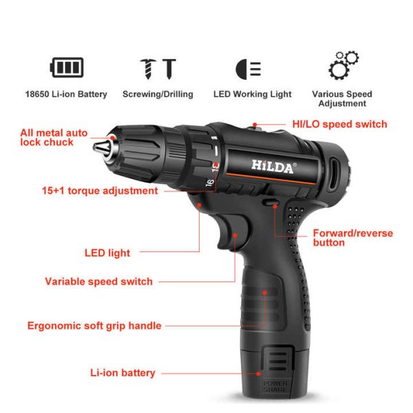 Hot Selling Professional Electric Impact Cordless Drill with One Battery 12v Household Lithium Power Mini Hand Tool Set Machine - Image 2