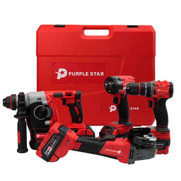 Red Cordless Tool Set 10 In1 Brushless Hammer Drill Impact Wrench Angle Grinder 4machines 4 Batteries 2 Charger