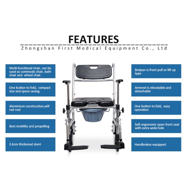 Folding Commode Shower Chair with Bedpan/Home Care or Health Care Toilet Commode Chair/Wheelchair - Image 3